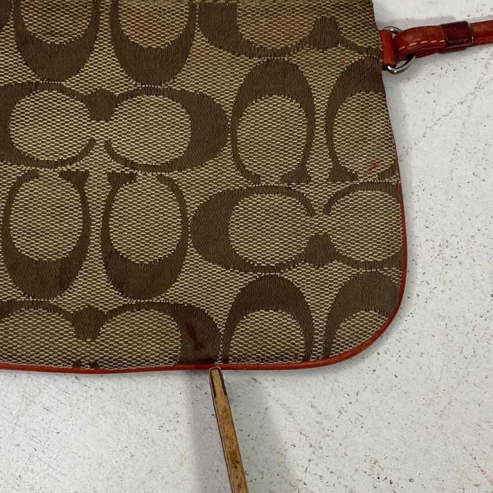 Coach Signature Monogram Canvas Wristlet Brown Orange Trim Y2K Zip Pouch - Picture 7 of 8